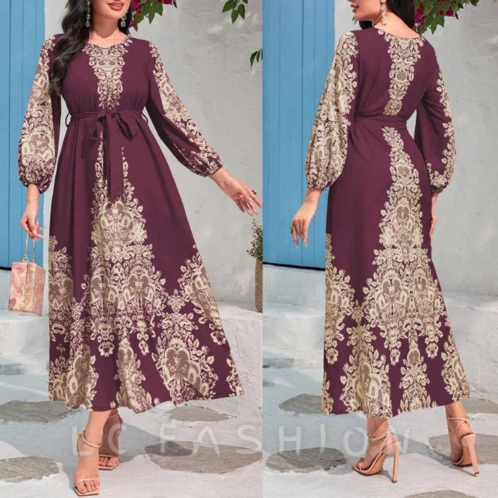 Boho floral dress,Belted Dress, Boho Floral Print Lantern Sleeve Belted Dress